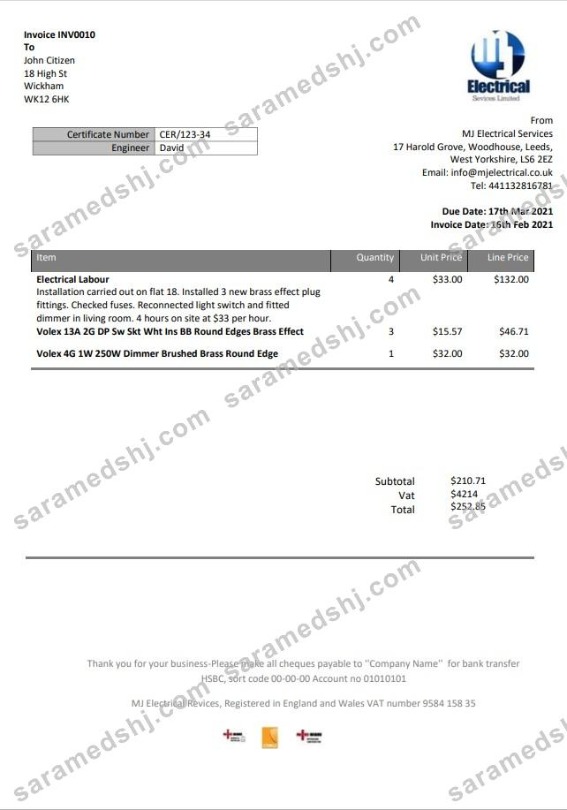 United Kingdom MJ Electrical proof of address utility bill template in Word and PDF format